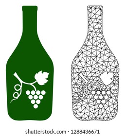 Polygonal mesh wine bottle and flat icon are isolated on a white background. Abstract black mesh lines, triangles and dots forms wine bottle icon.