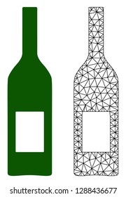 Polygonal mesh wine bottle and flat icon are isolated on a white background. Abstract black mesh lines, triangles and dots forms wine bottle icon.