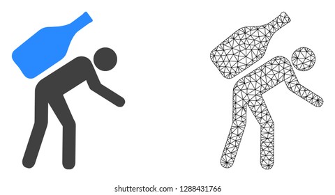 Polygonal mesh wine courier and flat icon are isolated on a white background. Abstract black mesh lines, triangles and nodes forms wine courier icon.