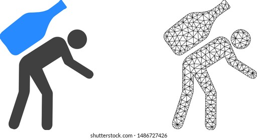 Polygonal mesh wine courier and flat icon are isolated on a white background. Abstract black mesh lines, triangles and nodes forms wine courier icon.