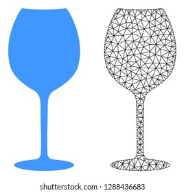 Polygonal mesh wine glass and flat icon are isolated on a white background. Abstract black mesh lines, triangles and dots forms wine glass icon.