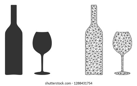 Polygonal mesh wine glassware and flat icon are isolated on a white background. Abstract black mesh lines, triangles and dots forms wine glassware icon.
