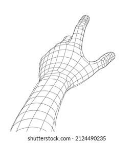 Polygonal Mesh or Wireframe Hand With Touch Gesture in Front of Viewer. VR or Virtual Reality Concept With First Persont Point of View