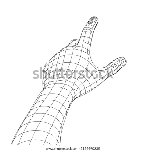 Polygonal Mesh or Wireframe Hand With Touch Gesture\
in Front of Viewer. VR or Virtual Reality Concept With First\
Persont Point of\
View