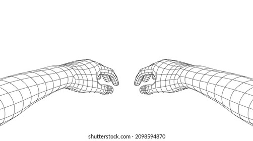 Polygonal Mesh or Wireframe Hands in Front of Viewer. VR or Virtual Reality Concept With First Persont Point of View