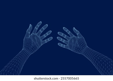 Polygonal Mesh or Wireframe Hands in Front of Viewer. VR or Virtual Reality Concept With First Person Point of View