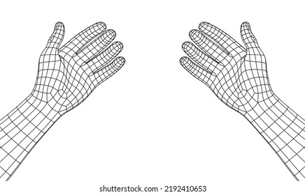 Polygonal Mesh Or Wireframe Hands With Open Palms In Front Of Viewer. VR Or Virtual Reality Concept With First Person Point Of View