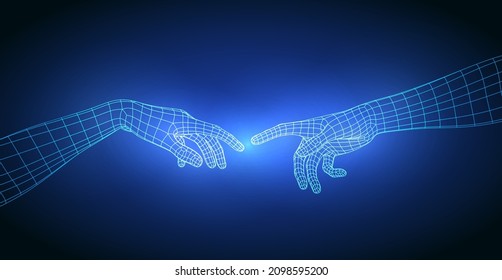 Polygonal Mesh or Wireframe Hands Touching With Fingers. AI or Artificial Intelligence Concept