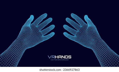 Polygonal Mesh Wireframe Hands in Virtual Reality. 3D Low Poly Hands. VR Concept with First Person Point of View. Vector Illustration.