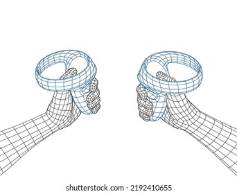 Polygonal Mesh or Wireframe Hands With VR Controllers in Front of Viewer. Virtual Reality Concept With First Persont Point of View