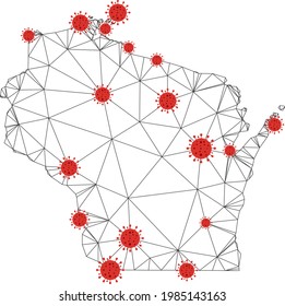 Maqueta poligonal Mapa estatal de Wisconsin con centros de coronavirus. Resumen de líneas conectadas a la red y virus de la gripe de Wisconsin State map.