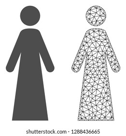 Polygonal mesh woman and flat icon are isolated on a white background. Abstract black mesh lines, triangles and nodes forms woman icon.