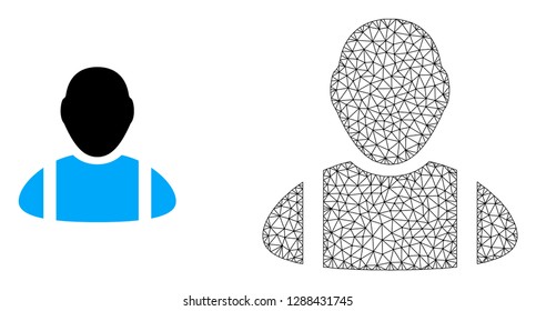 Polygonal mesh worker and flat icon are isolated on a white background. Abstract black mesh lines, triangles and nodes forms worker icon.