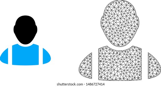 Polygonal mesh worker and flat icon are isolated on a white background. Abstract black mesh lines, triangles and nodes forms worker icon.