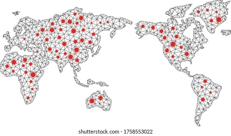 Polygonal mesh world map with coronavirus centers. Abstract network lines, triangles and flu viruses form world map. Vector wireframe flat polygonal network in black and red colors.