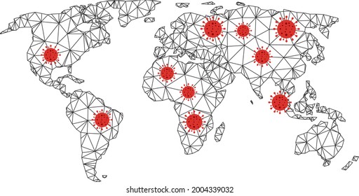 Polygonal mesh world map with coronavirus centers. Abstract network lines, triangles and flu viruses on world map. Vector wireframe flat polygonal network in black and red colors.