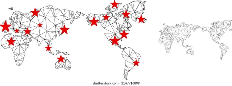 Polygonal mesh world map with red star centers. Abstract network connected lines and stars form world map. Vector wireframe 2D polygonal network in black and red colors.