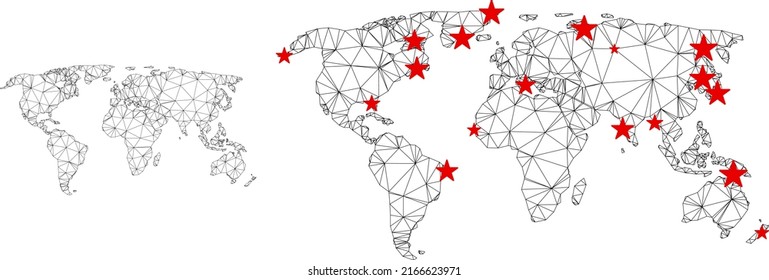 Polygonal mesh world map with red star centers. Abstract mesh connected lines and stars form world map. Vector wire frame flat polygonal network in black and red colors.