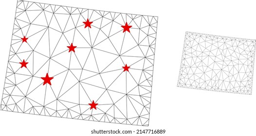 Polygonnetz Wyoming State Karte mit roten Sternen Zentren. Abstrakte netzgebundene Linien und Sterne bilden die Wyoming State Map. Vektordrahtrahmen 2D Polygonnetz in Schwarz-Rot-Farben.