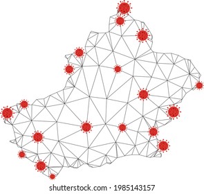 Polygonal mesh Xinjiang Uyghur Region map with coronavirus centers. Abstract network connected lines and covid- 2019 viruses form Xinjiang Uyghur Region map.