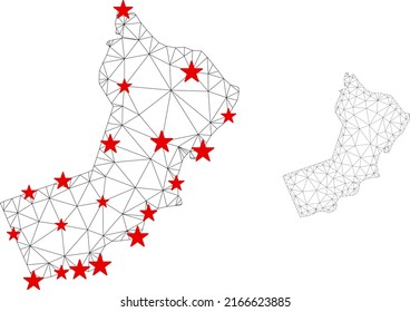 Polygonal mesh Yemen map with red star centers. Abstract mesh connected lines and stars form Yemen map. Vector wireframe flat polygonal network in black and red colors.