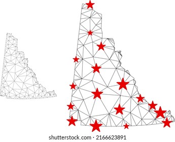 Polygonal mesh Yukon Province map with red star centers. Abstract mesh connected lines and stars form Yukon Province map. Vector wire frame 2D polygonal network in black and red colors.