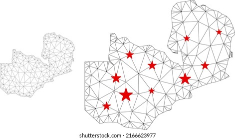 Polygonal mesh Zambia map with red star centers. Abstract mesh connected lines and stars form Zambia map. Vector wireframe 2D polygonal network in black and red colors.