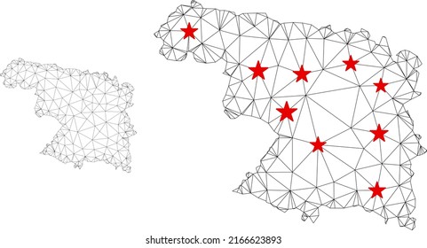 Polygonal mesh Zamora Province map with red star centers. Abstract network connected lines and stars form Zamora Province map. Vector wireframe flat polygonal network in black and red colors.