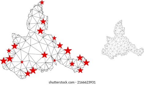 Polygonal mesh Zaragoza Province map with red star centers. Abstract network connected lines and stars form Zaragoza Province map. Vector wireframe 2D polygonal network in black and red colors.