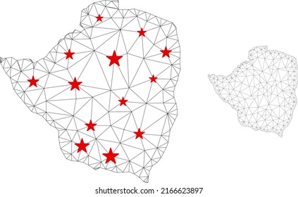 Polygonal mesh Zimbabwe map with red star centers. Abstract mesh connected lines and stars form Zimbabwe map. Vector wireframe flat polygonal network in black and red colors.