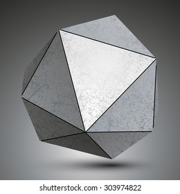 Polygonal metallic three-dimensional abstract object, grayscale asymmetric technology element isolated on white background.