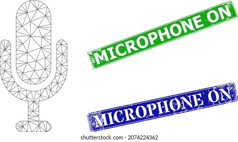 Polygonal microphone image, and Microphone On blue and green rectangular textured stamp seals. Polygonal wireframe image created from microphone pictogram.