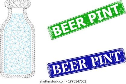 Polygonal milk bottle image, and Beer Pint blue and green rectangular textured stamp seals. Polygonal wireframe symbol created from milk bottle pictogram.