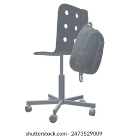 Polygonal model of a backpack hanging on a chair isolated on a white background. Vector illustration. 3D. Grey colour.