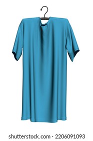 Polygonal model of a blue t-shirt hanging on a hanger isolated on a white background. Front view. 3D. Vector illustration.
