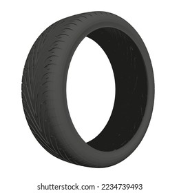 Polygonal model of a car tire from black lines isolated on a white background. Side view. 3D. Vector illustration.