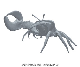 Polygonal model of a crab with one huge claw isolated on a white background. 3D.
