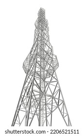 Polygonal model of a high communication tower isolated on a white background. Bottom view. 3D. Vector illustration.