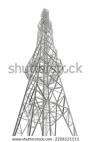 Polygonal model of a high communication tower isolated on a white background. Bottom view. 3D. Vector illustration.