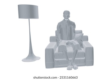 Polygonal model of a man in shorts sitting in a chair next to a bookcase with books. Vector illustration. 3D