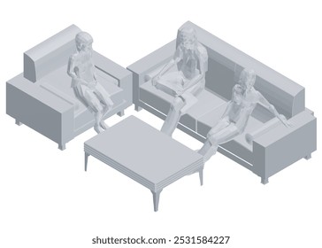 Polygonal model of people sitting on sofa and chair at table. Isometric view. Vector illustration. 3D