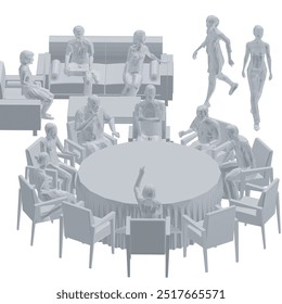 Polygonal model of people sitting in restaurant on chairs and sofa from black lines isolated on white background. Restaurant interior. Isometric view. Vector illustration. 3D.
