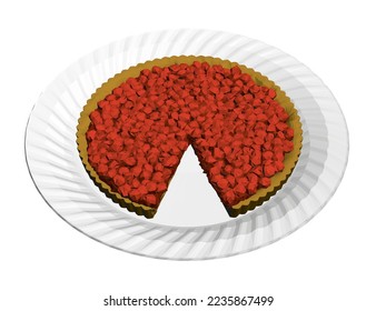 Polygonal model of a pie with berries with a cut piece on a white plate isolated on a white background. Isometric view. 3D. Vector illustration.
