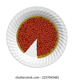 Polygonal model of a pie with berries with a cut piece on a white plate isolated on a white background. View from above. 3D. Vector illustration.