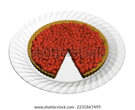 Polygonal model of a pie with berries with a cut piece on a white plate isolated on a white background. Isometric view. 3D. Vector illustration.