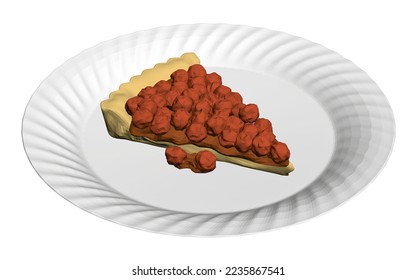 Polygonal model of a piece of cake with berries on a white plate isolated on a white background. Isometric view. 3D. Vector illustration.