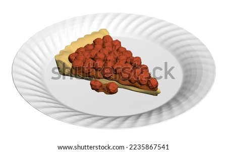 Polygonal model of a piece of cake with berries on a white plate isolated on a white background. Isometric view. 3D. Vector illustration.