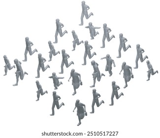 Polygonal model of running people isolated on white background. Men, women and children running. Vector illustration. 3D