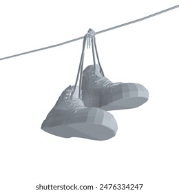 Polygonal model Sneakers hanging from a rope on the white background. Vector illustration. 3D.