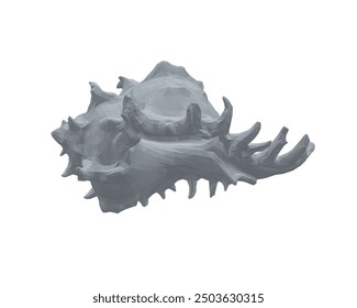 Polygonal model spiral conch sea shell, sketch style vector illustration isolated on white background. Contour drawing of saltwater conch, sea snail shell. 3D